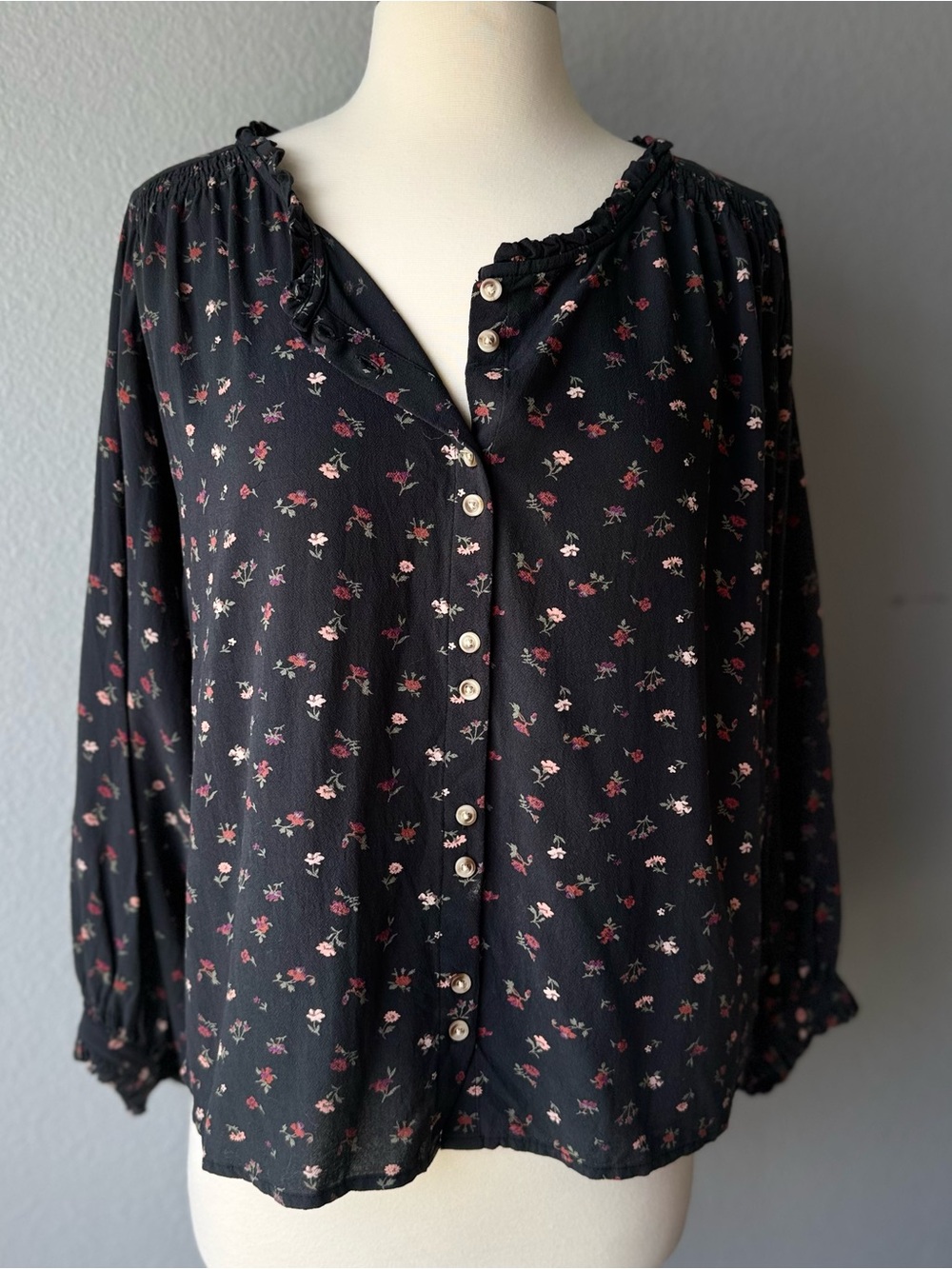 Lucky Brand Black Floral Button-Down Bohemian Blouse
